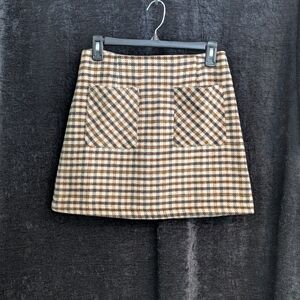 Sage Checkered Mini Skirt - Brown and Cream. Wool Blend. Size Small.